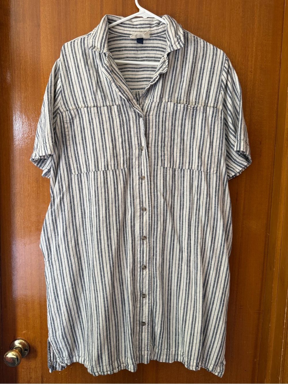 Universal Thread Blue and White Striped Linen Short-Sleeve Button-Down Dress
